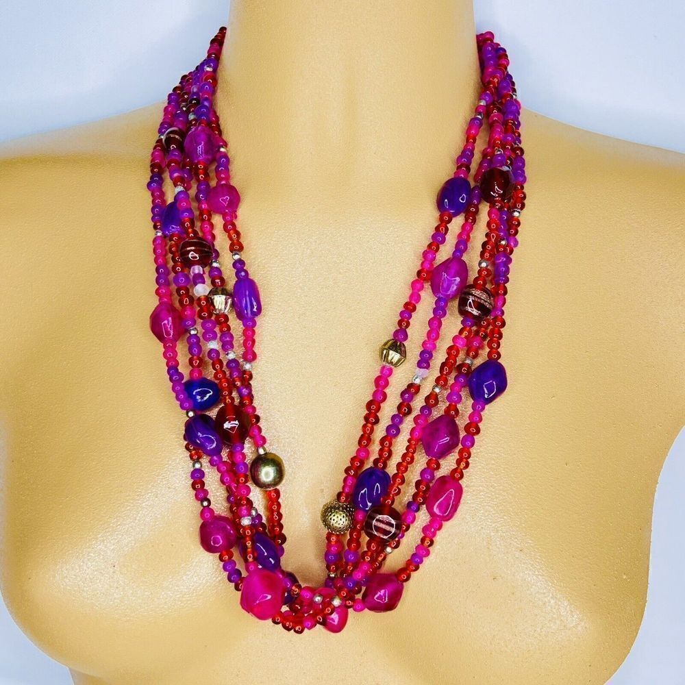 Vintage Multi Strand Glass Lucite  Necklace Glass Purple Pink Shade Beads 4713